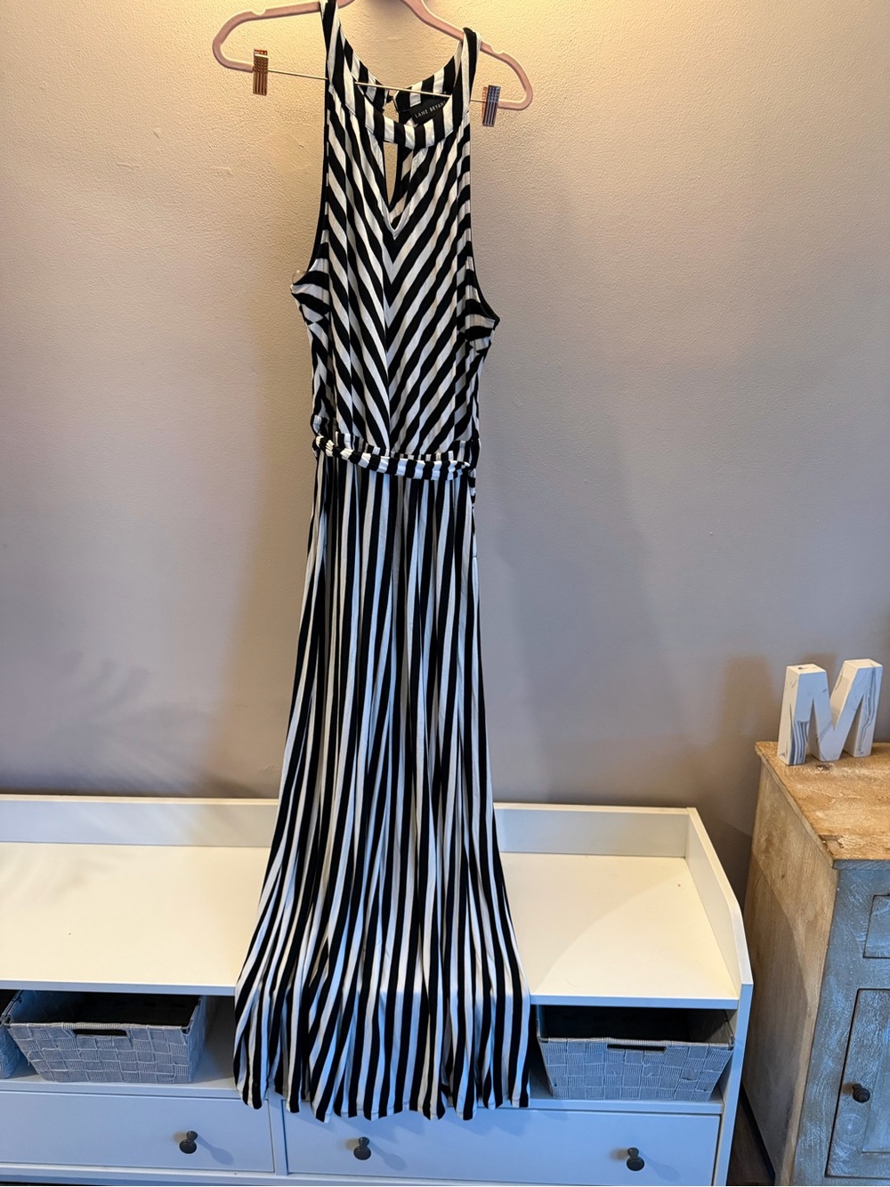 Lane Bryant Black White Striped Halter Maxi Dress Pockets 18/20